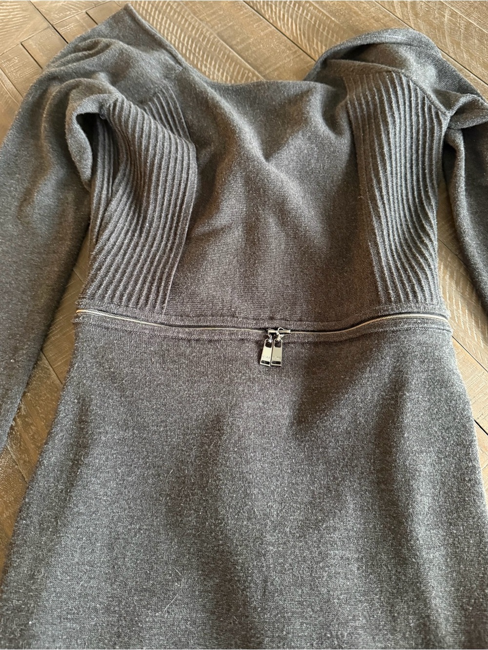 Women's Gray V-Neck Sweater with Waist Zip Detail